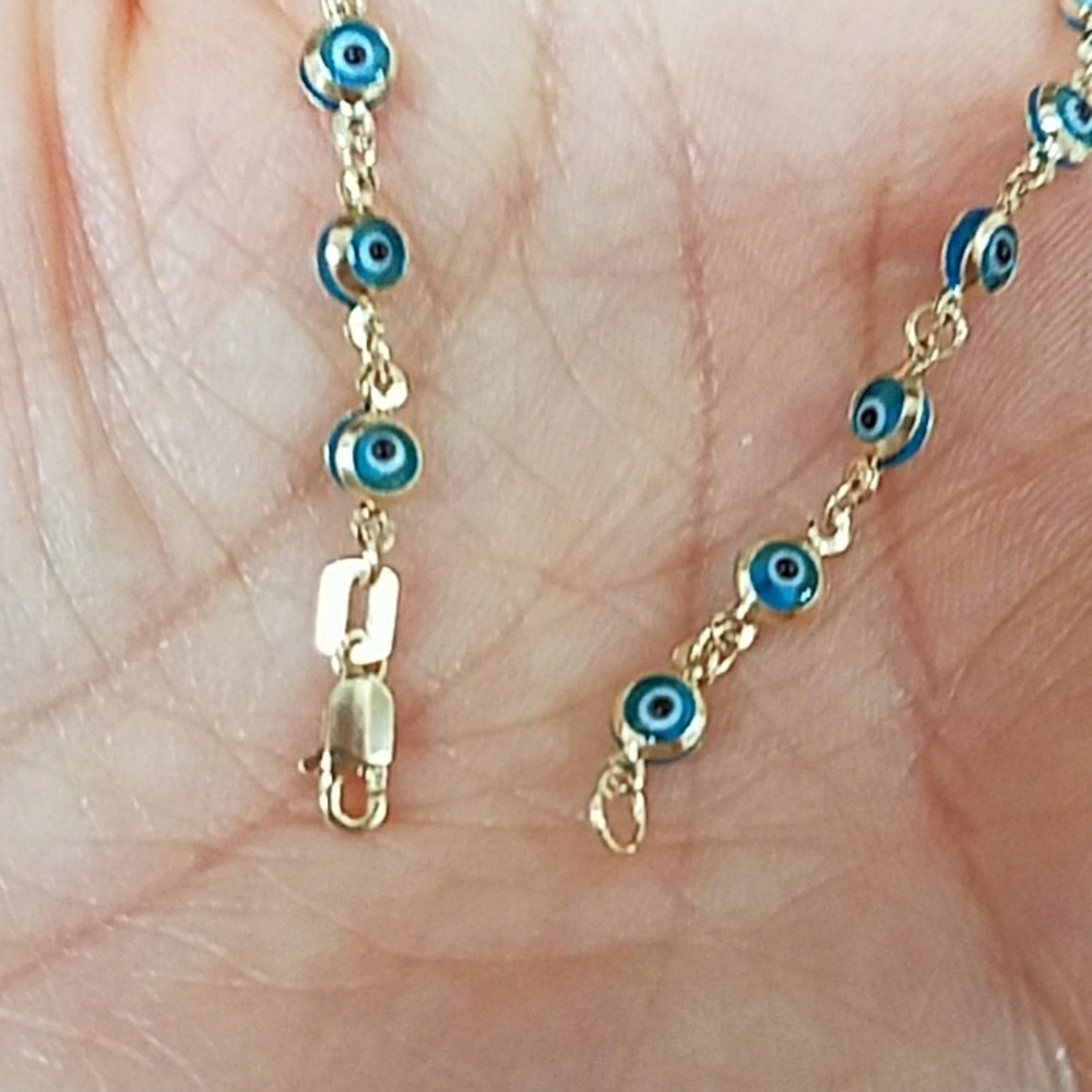 14K Solid Yellow Gold Evil Eye Blue Bracelet 7" in - Picture 6 of 14